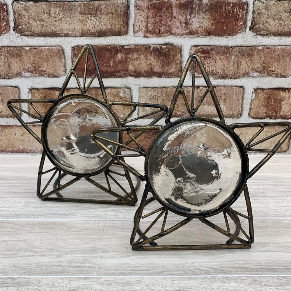 VTG Celestial‎ Moon Stars Candle Holders Tealight Votive Metal Rustic Set of 2